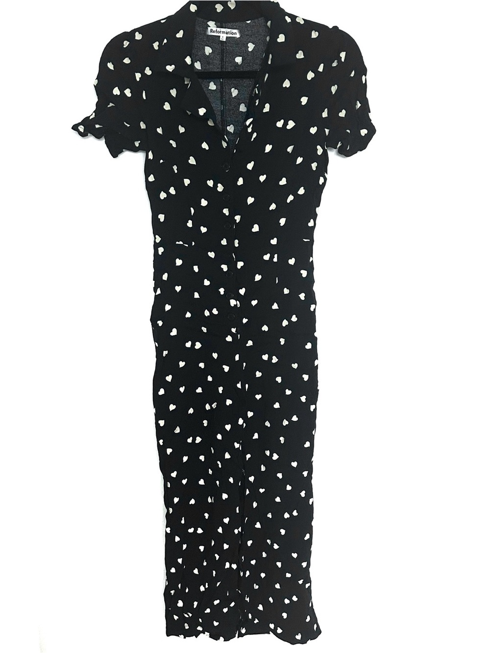 Reformation Black Heart Print Bev Short Sleeve, Button Front Collared Jumpsuit 4